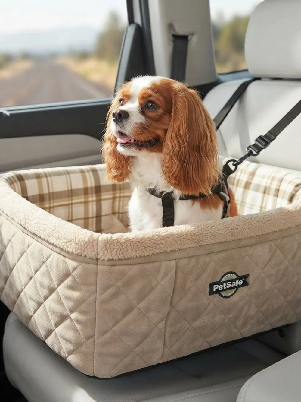 PetSafe Happy Ride Quilted Dog Booster‎ Seat Tan Plaid Fleece Small Pet Car Seat